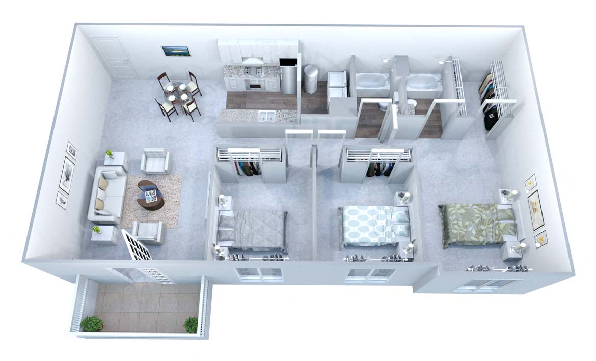 Floor plan for 3 beds, 2 baths, 1294 sqft